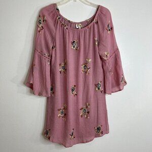 Anthropologie Fig & Flower Pink Dress Embroidered 3/4 Bell Sleeve Boho Sz Small